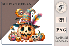 High-resolution boho Halloween pumpkin clipart PNG with witch hat, candles &amp; flowers. Perfect for sublimation, invites &amp; crafts.