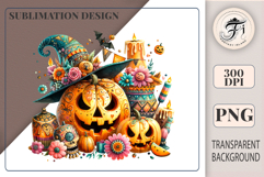 High-resolution boho Halloween pumpkin clipart PNG with witch hat, candles &amp; flowers. Perfect for sublimation, invites &amp; crafts.