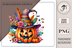 High-resolution boho Halloween pumpkin clipart PNG with witch hat, candles &amp; flowers. Perfect for sublimation, invites &amp; crafts.
