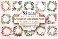 Watercolor Boho Leaf Wreath Floral Clipart Bundle Product Image 1