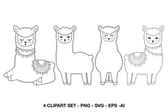 Four boho llama line art clipart illustrations with fluffy characters in different poses