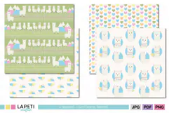 Cute white llamas on green scrapbook paper with colorful mountain details