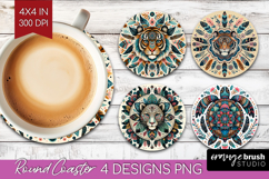 Boho Animal Round Coaster - Mandala Coaster PNG Sublimation Product Image 1