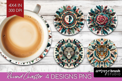 Boho Animal Round Coaster - Mandala Coaster PNG Sublimation Product Image 1