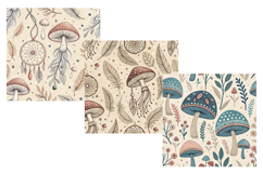 boho mushroom meadow, whimsical folk art, macrame feather design, earthy mushroom pattern, neutral background paper, minimalist boho art, terracotta mushroom print, sage green design, dreamcatcher mushroom art, ethnic pattern paper