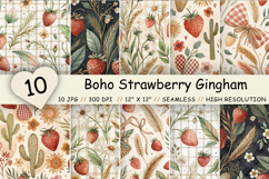 boho strawberry pattern, strawberry gingham paper, boho gingham digital, strawberry scrapbook paper