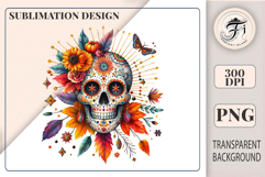Watercolor boho sugar skull with flowers and autumn leaves. Perfect for Dia de los Muertos, Halloween, and bohemian design projects.
