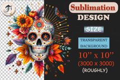 Watercolor boho sugar skull with flowers and autumn leaves. Perfect for Dia de los Muertos, Halloween, and bohemian design projects.