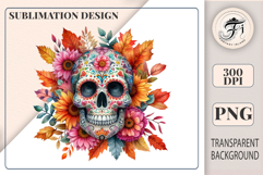 Watercolor boho sugar skull with flowers and autumn leaves. Perfect for Dia de los Muertos, Halloween, and bohemian design projects.