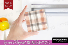 Boho Plaid Magnet Sublimation - Beige Tartan Square Magnet Product Image 1