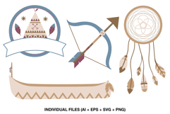 Preview of boho tribal clipart set featuring teepee badge, dreamcatcher, canoe, and decorative arrow in neutral earthy tones