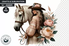 Boho Cowgirl with horse PNG clipart, Peonnie western Product Image 1