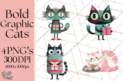 Bold Graphic Christmas Cats PNG, Modern Holiday Clipart Product Image 1