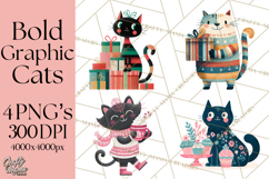 Bold Graphic Christmas Cats PNG, Modern Holiday Clipart Product Image 1