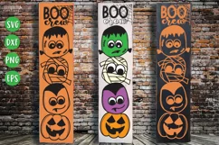 Boo Crew text with Frankenstein head, vampire head, Mummy head and pumpkin head shown on a vertical porch sign