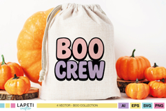Boo Crew Halloween SVG lettering in pastel colors printed on a fabric trick-or-treat bag with pumpkins.