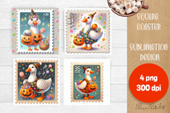 Halloween Postage Stamp Square Coaster, Boo Ghost Goose Product Image 1