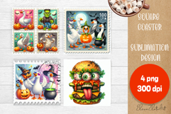 Halloween Postage Stamp Square Coaster, Boo Ghost Goose Product Image 1