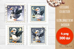 Halloween Postage Stamp Square Coaster, Boo Ghost Goose Product Image 1