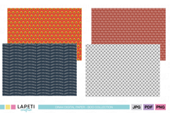 Printable Halloween papers featuring repeating patterns of ghosts, pumpkins, BOO text, and Happy Halloween words in black, orange, and navy.