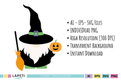 Witch gnome clipart with pumpkin, broom and spider details for Halloween designs