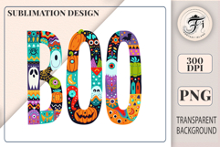 Bright Boo Halloween Clipart in boho style with pumpkins and ghosts. PNG with transparent background for cards, posters, invitations, and printing.