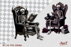 Gothic floral book lover clipart, skeleton reading book PNG Product Image 1