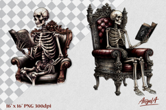 Gothic floral book lover clipart, skeleton reading book PNG Product Image 1