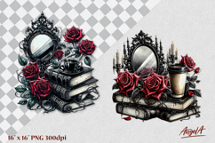 Gothic floral book lover clipart, vintage mirror, coffee PNG Product Image 1