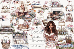 GlamArtZhanna, Books clipart, Bookslover clip art, Bookworm clipart, Books illustration, Books and Flowers, Spring clipart, Summer clipart, Blossom clip art, Spring reading png, Summer reading png, Vintage books png, Reading animals png, Library clipart