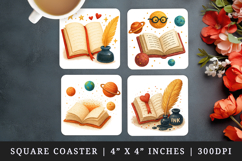 Book Lover square coaster sublimation, coasters design Product Image 1