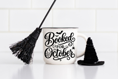October book lover shirt graphic with “Booked for October” text, spooky spider web lettering, bats, and a clean high-contrast layout.