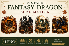 Vintage Fantasy Dragon Sublimation, Autumn Dragon Clipart Product Image 1