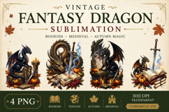 Vintage Fantasy Dragon Sublimation, Autumn Dragon Clipart Product Image 1