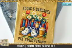 Books &amp; Bandages is a professional design that is available at 300dpi PNG to use for Sublimation, iron-on transfer, DTG Printing and normal printing.