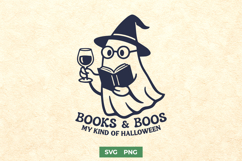 Books and Boos SVG | Funny Halloween Ghost Reading Wine PNG Product Image 1
