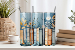 Books and Flowers on Blue 20oz Tumbler Sublimation PNG Product Image 1