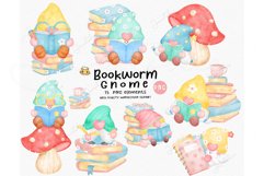 Cute Bookworm Gnome Reading Book Watercolor PNG Set Product Image 1