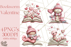 Valentine Reader Worm Clipart, Cute Bookworm Valentine Art Product Image 1