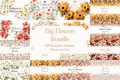 Big Watercolor Flowers Bundle 300 Floral Bouquets, Borders Product Image 1