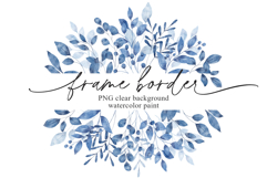 Watercolor blue leaves border, floral clipart, leaf frame. Product Image 1