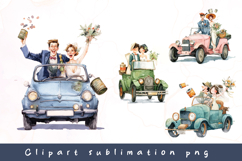 Watercolor marriage couples on car clipart sublimation Product Image 1