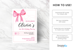 Editable Pink Bow First Birthday Invitation Canva Template Product Image 7
