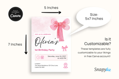 Editable Pink Bow First Birthday Invitation Canva Template Product Image 4
