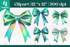 Green Holographic Bow Clipart with Sparkle Effect Product Image 1