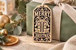 Bow Gift Box Tag SVG, Merry Christmas Laser Cut Holly Product Image 2