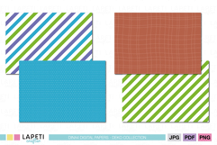 Children’s scrapbook paper with playful dot, stripe and plaid designs.