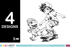Skateboarding boy racing beside a playful dinosaur