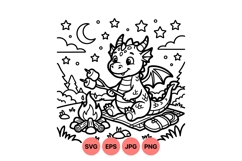 Cute Dragon Camping Scene Black and White SVG Product Image 1