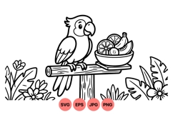 Line Art Tropical Parrot With Fruit Bowl Clipart Product Image 1